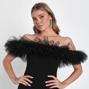 Lulus Luxurious Charm Black Tulle Off-the-shoulder Mini Dress - Size L